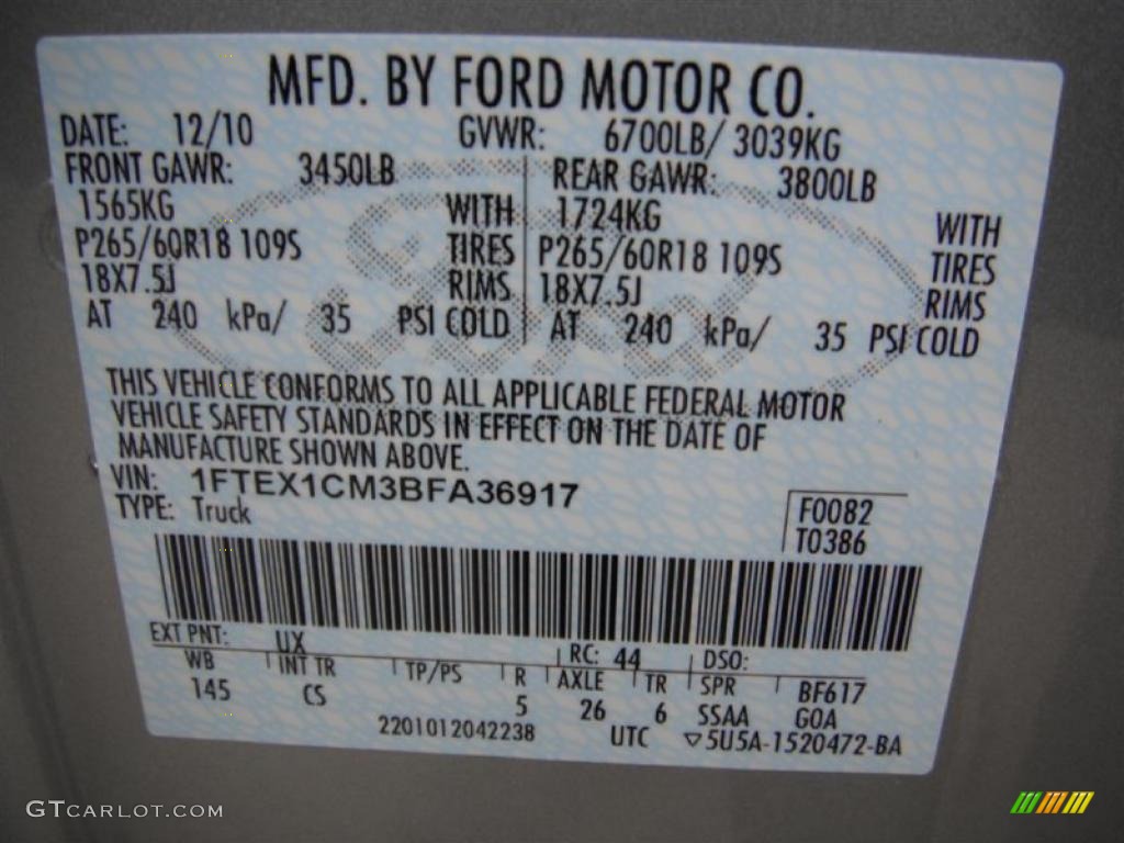 2011 F150 Color Code UX for Ingot Silver Metallic Photo #45672771