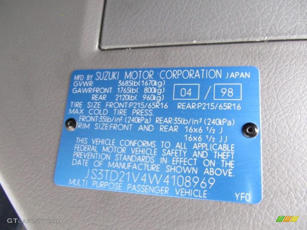 1998 Suzuki Sidekick Sport JLX 4 Door 4x4 Info Tag Photo #45677100