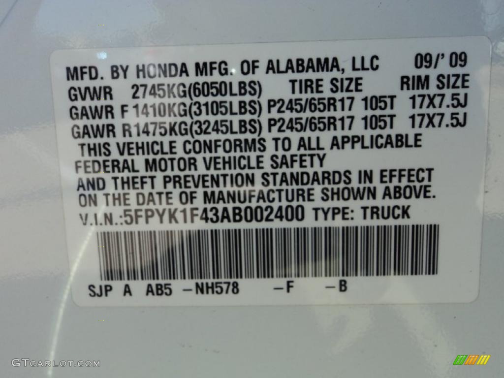 2010 Ridgeline Color Code NH578 for White Photo #45696493