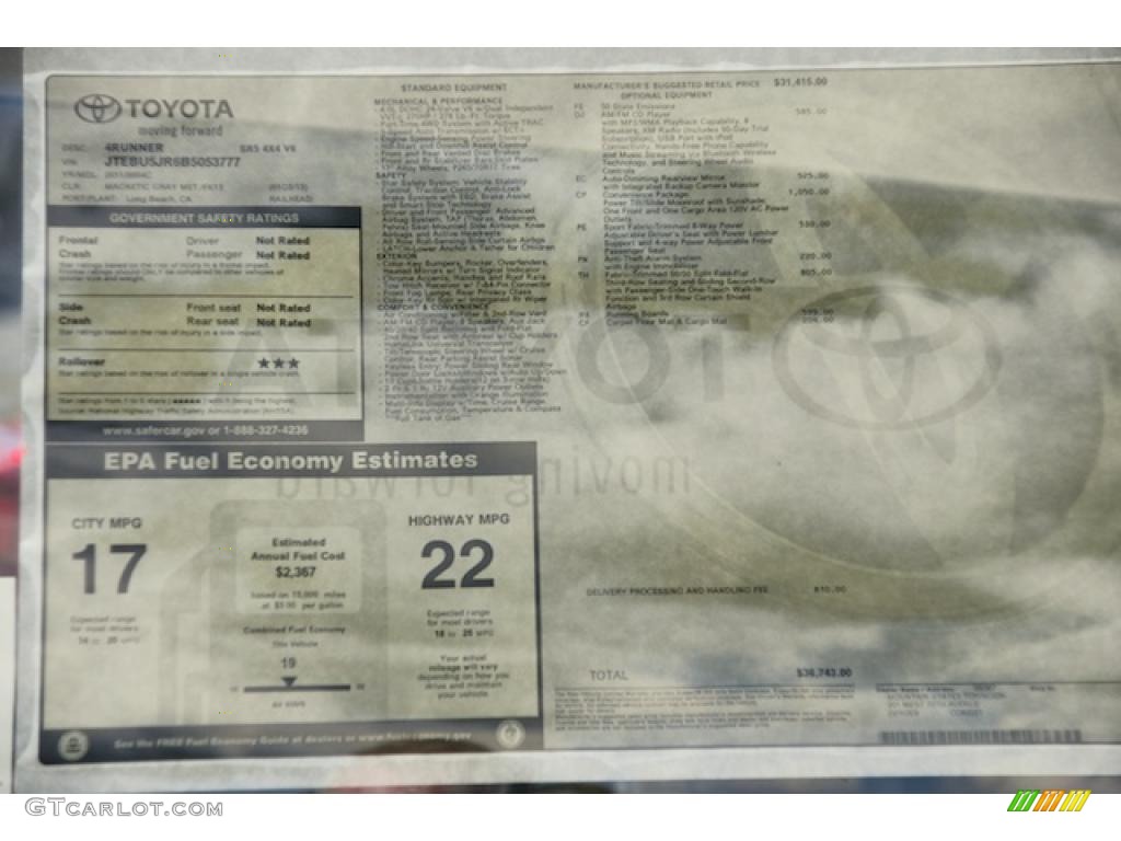 2011 Toyota 4Runner SR5 4x4 Window Sticker Photo #45698841