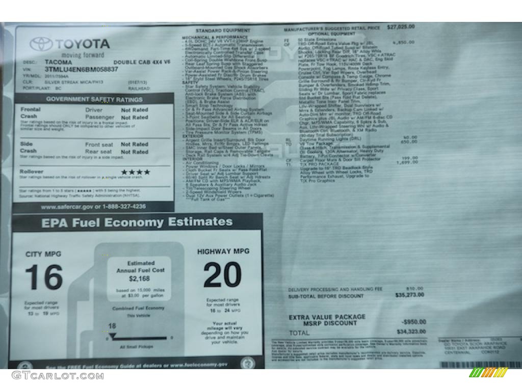 2011 Toyota Tacoma TX Double Cab 4x4 Window Sticker Photo #45699595