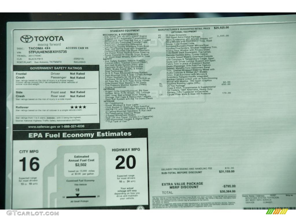 2011 Toyota Tacoma V6 TRD Sport Access Cab 4x4 Window Sticker Photos
