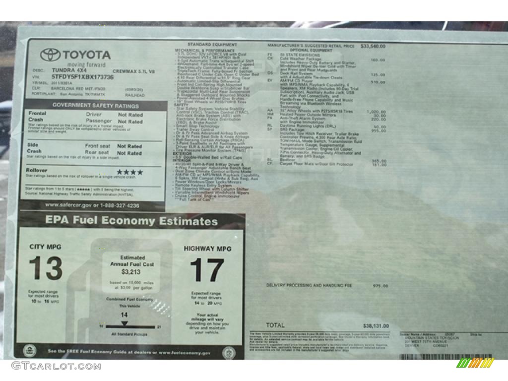 2011 Toyota Tundra SR5 CrewMax 4x4 Window Sticker Photo #45703125
