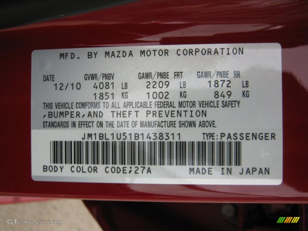 2011 MAZDA3 Color Code 27A for Velocity Red Mica Photo #45705798