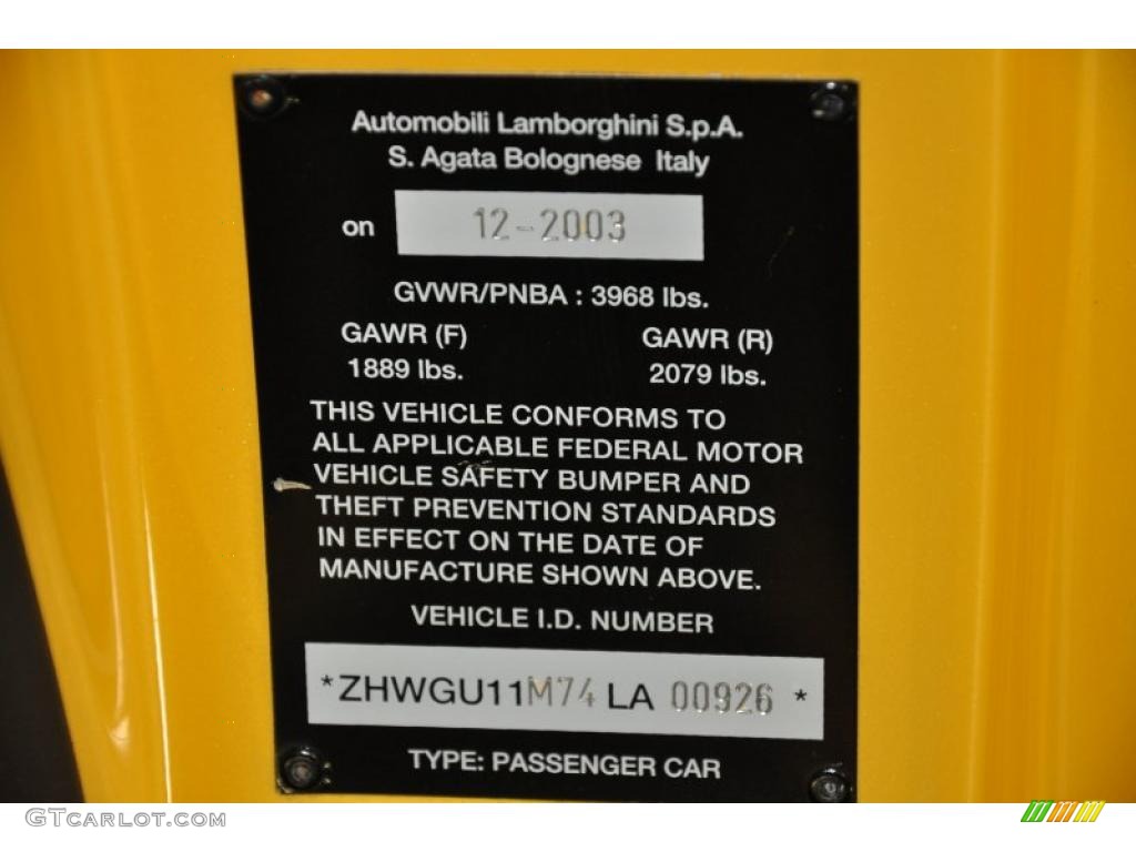 2004 Lamborghini Gallardo Coupe Info Tag Photo #45719996