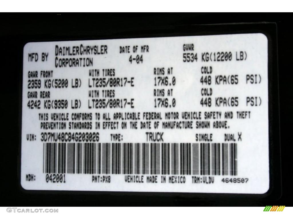 2004 Ram 3500 Color Code PX8 for Black Photo #45742578