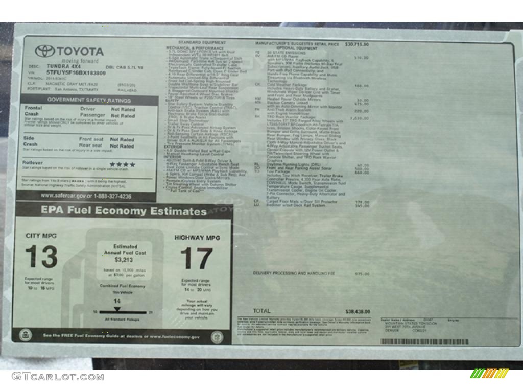 2011 Toyota Tundra TRD Rock Warrior Double Cab 4x4 Window Sticker Photo #45749082