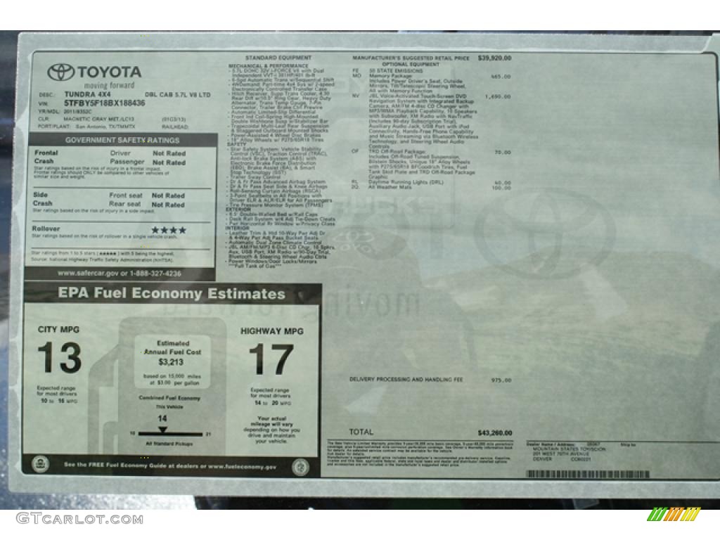2011 Toyota Tundra Limited Double Cab 4x4 Window Sticker Photo #45749158