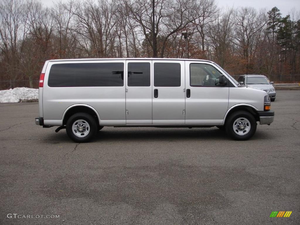 Sheer Silver Metallic 2010 Chevrolet Express LT 3500 Extended Passenger Van Exterior Photo #45753098