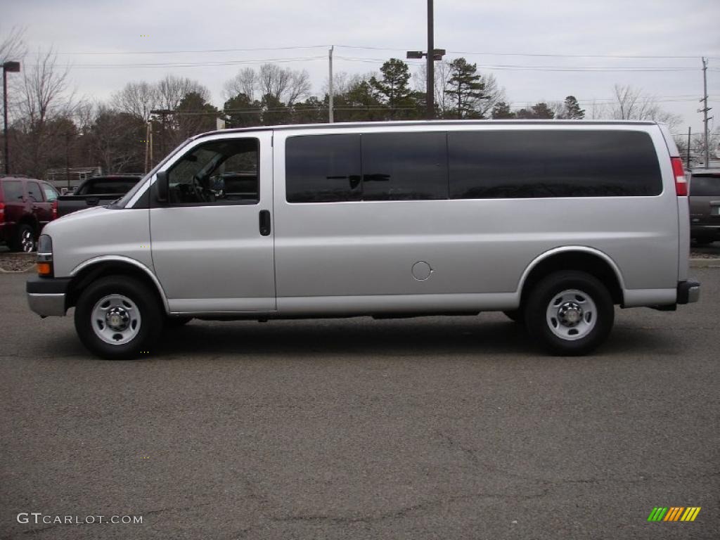 Sheer Silver Metallic 2010 Chevrolet Express LT 3500 Extended Passenger Van Exterior Photo #45753106