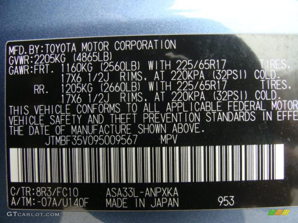 2009 RAV4 Color Code 8R3 for Pacific Blue Metallic Photo #45784690