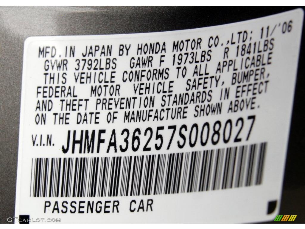 2007 Honda Civic Hybrid Sedan Info Tag Photo #45786510