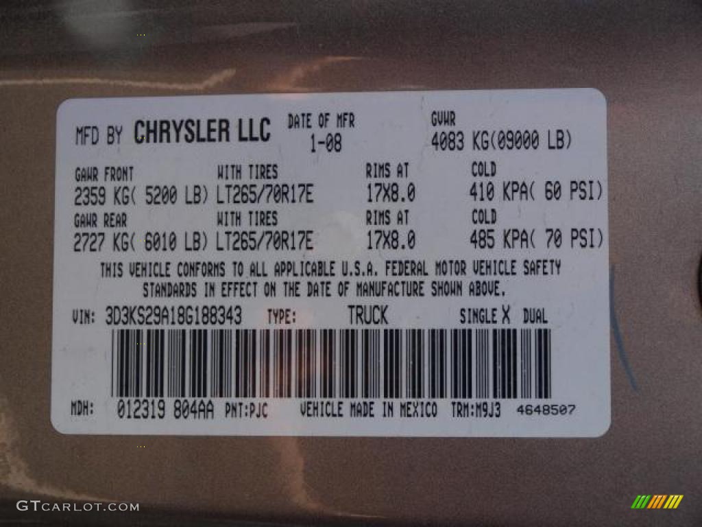 2008 Ram 2500 Color Code PJC for Light Khaki Metallic Photo #45799827