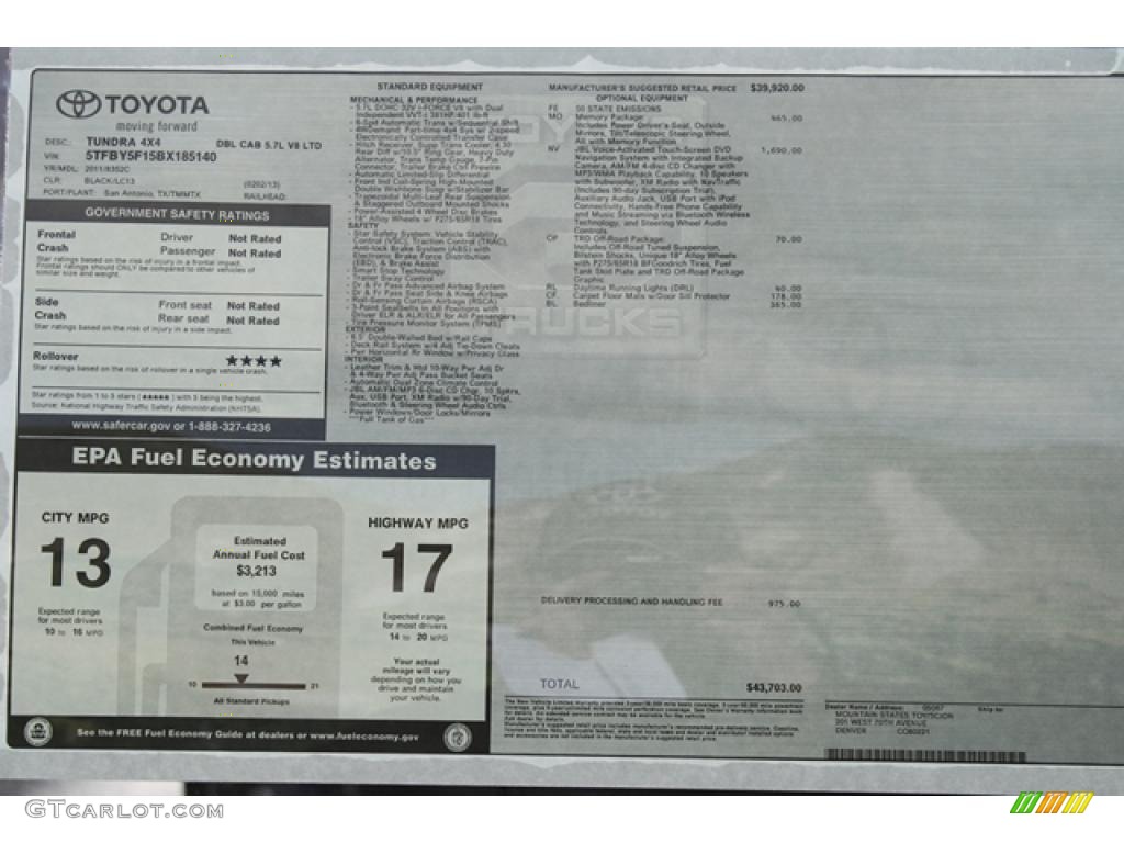 2011 Toyota Tundra Limited Double Cab 4x4 Window Sticker Photo #45802389