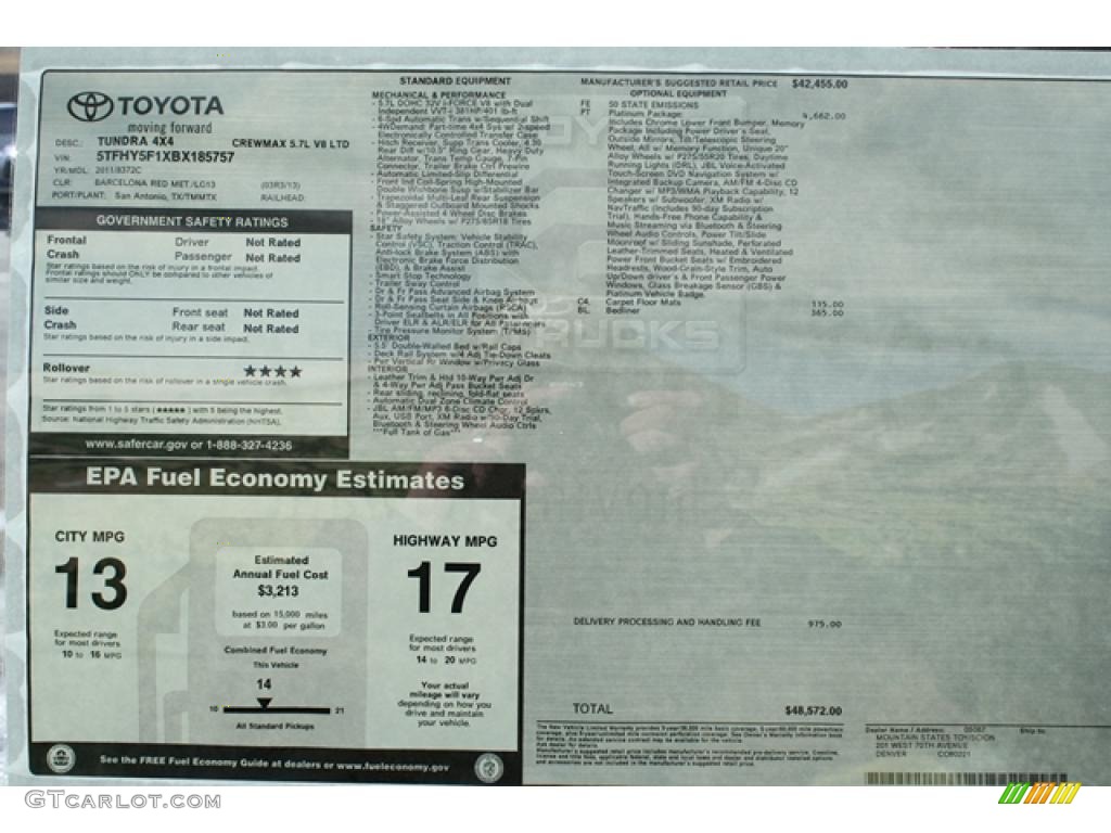 2011 Toyota Tundra Platinum CrewMax 4x4 Window Sticker Photo #45802853