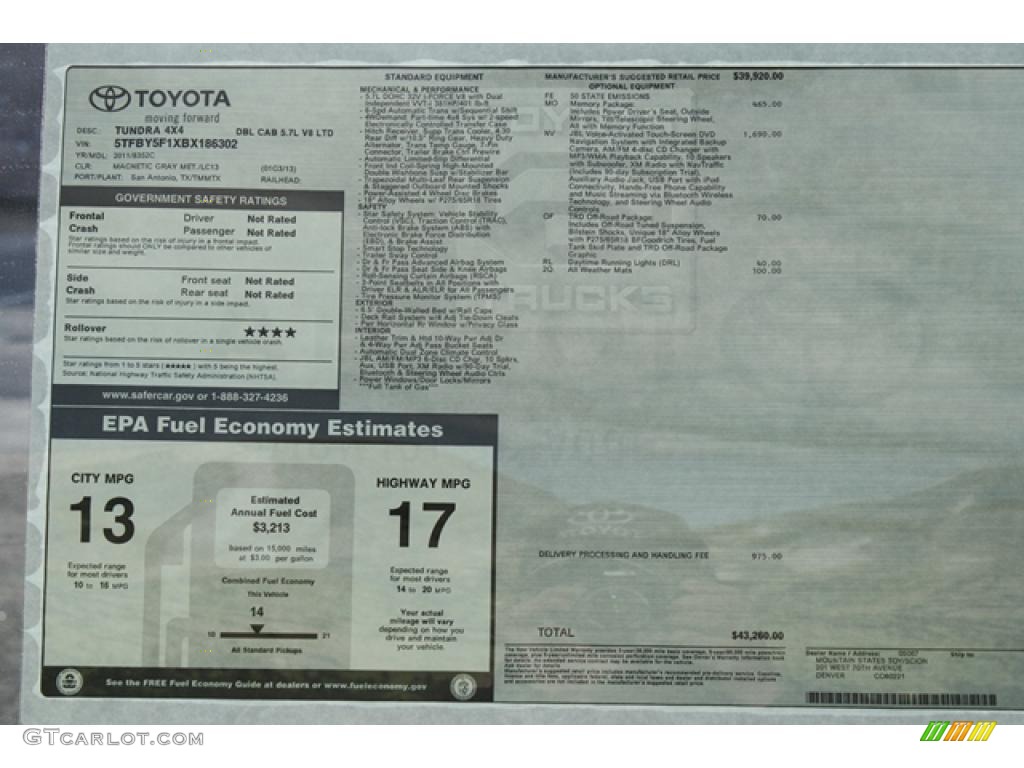 2011 Toyota Tundra Limited Double Cab 4x4 Window Sticker Photo #45802965