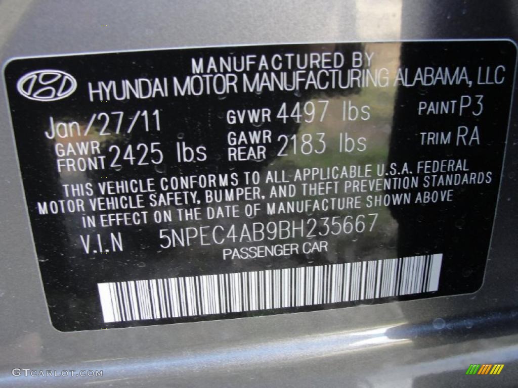 2011 Sonata Color Code P3 for Harbor Gray Metallic Photo #45815413