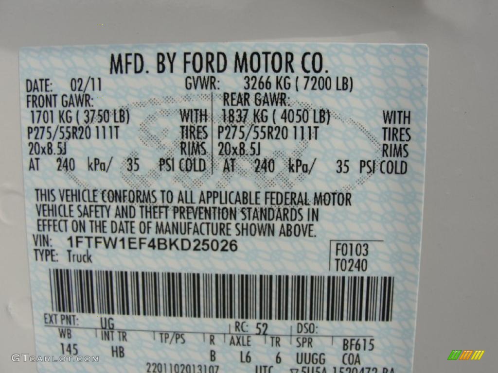 2011 F150 Color Code UG for White Platinum Metallic Tri-Coat Photo #45815789