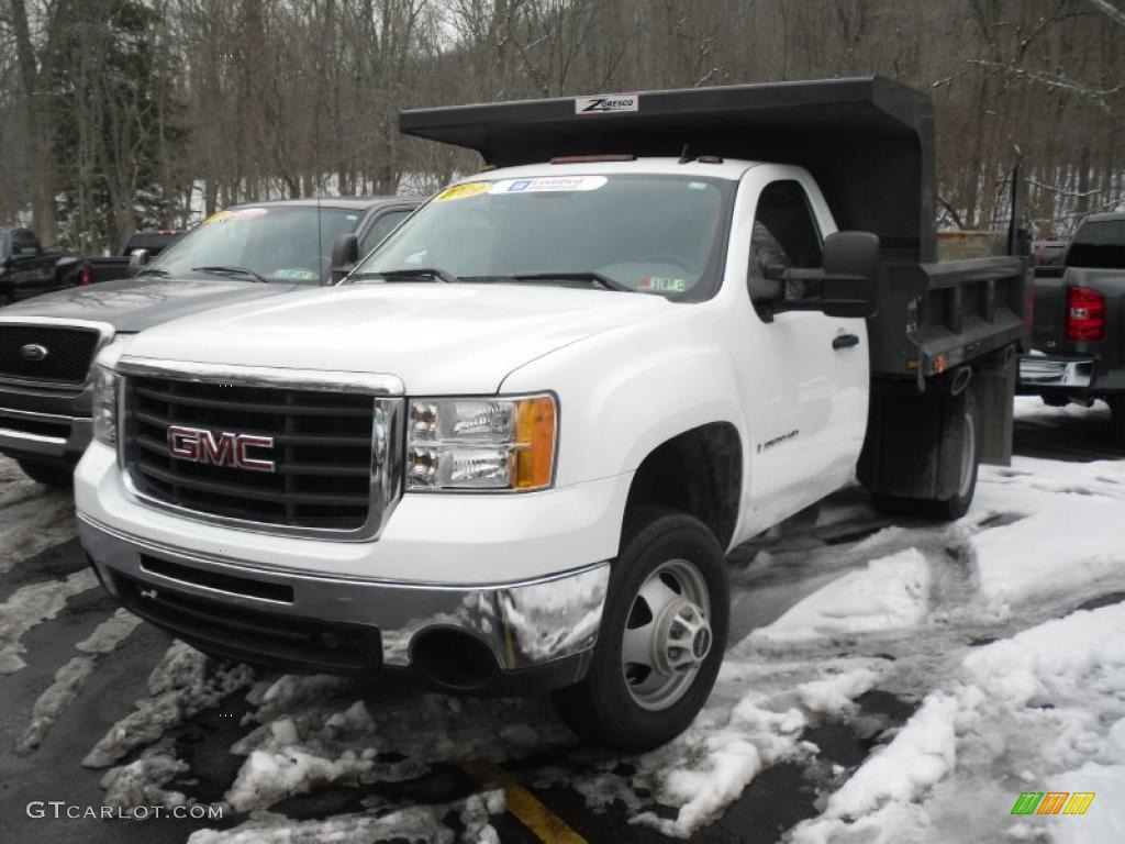 Summit White 2009 GMC Sierra 3500HD Work Truck Regular Cab 4x4 Chassis Dump Truck Exterior Photo #45820191