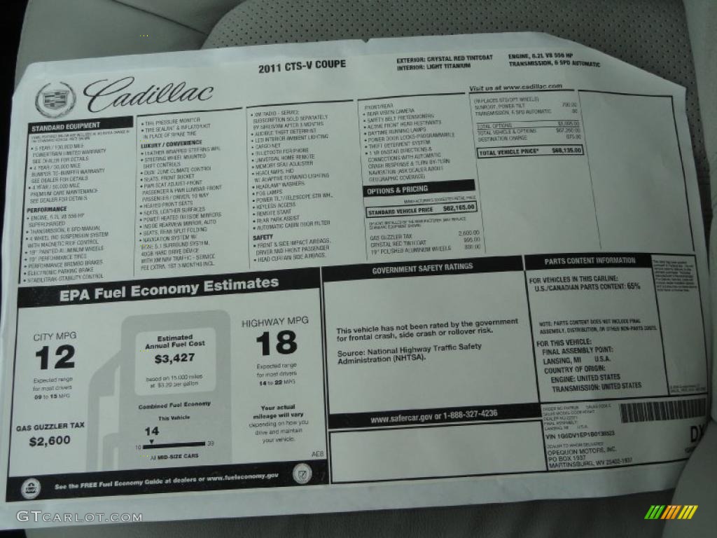 2011 Cadillac CTS -V Coupe Window Sticker Photo #45848316