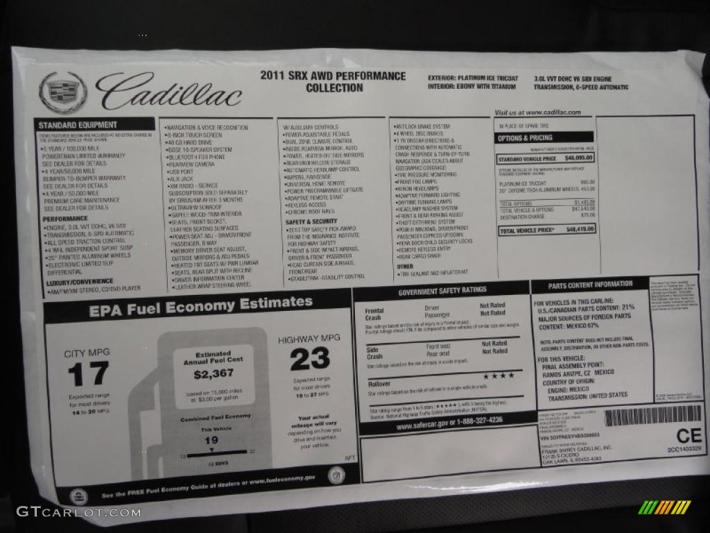 2011 Cadillac SRX 4 V6 AWD Window Sticker Photo #45850633