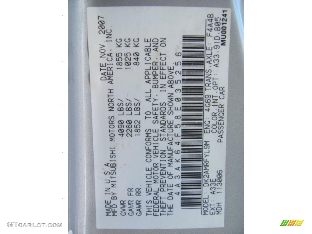 2008 Eclipse Color Code A33 for Liquid Silver Metallic Photo #45888953