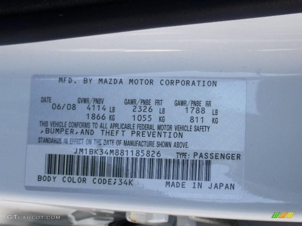 2008 MAZDA3 Color Code 34K for Crystal White Pearl Mica Photo #45904649