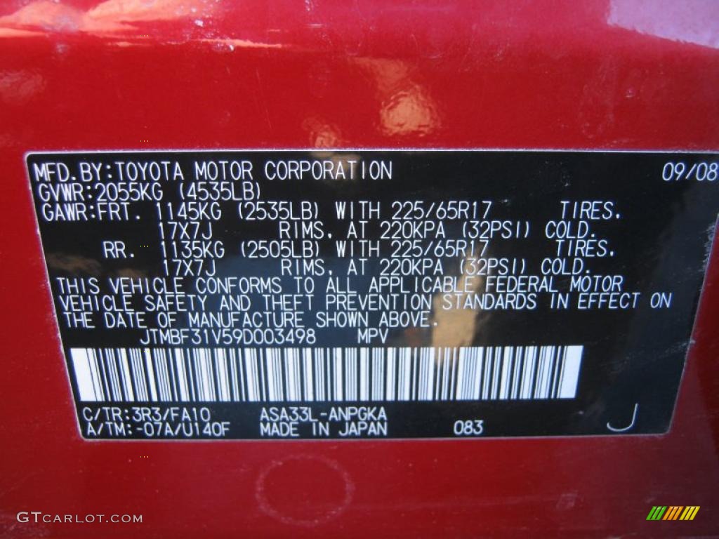 2009 RAV4 Color Code 3R3 for Barcelona Red Metallic Photo #45907772
