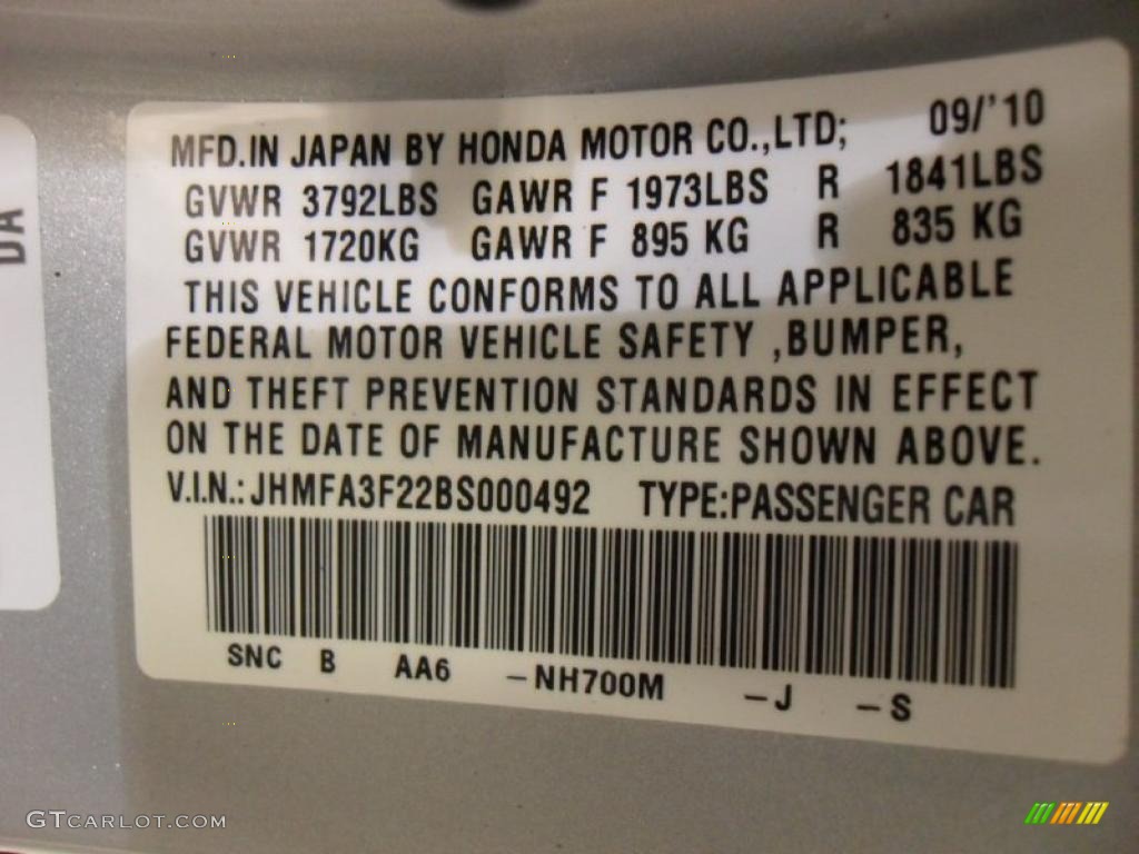 2011 Civic Color Code NH700M for Alabaster Silver Metallic Photo #45925894