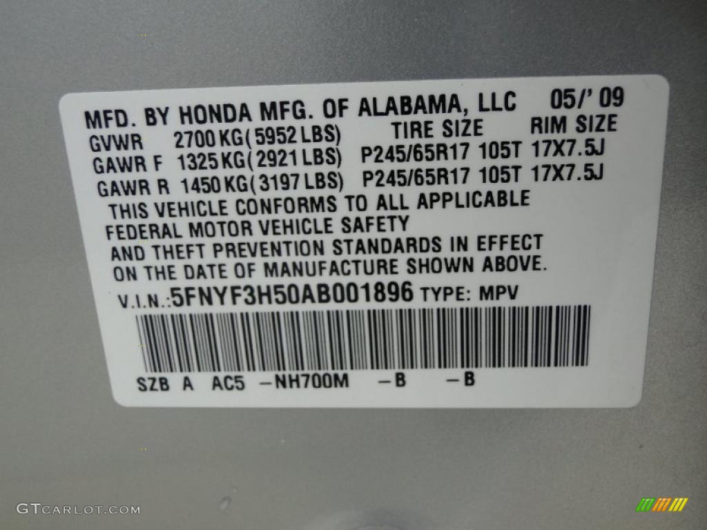 2010 Pilot Color Code NH700M for Alabaster Silver Metallic Photo #45931696