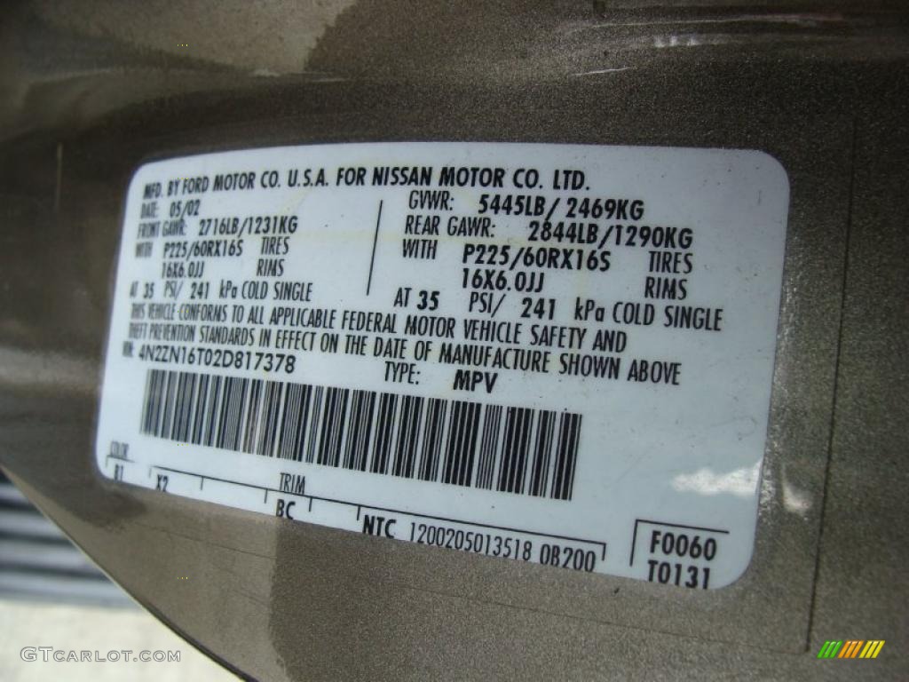 2002 Nissan Quest SE Color Code Photos