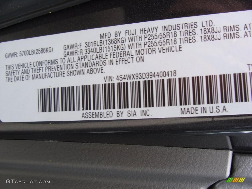 2009 Subaru Tribeca Limited 5 Passenger Info Tag Photo #45934299