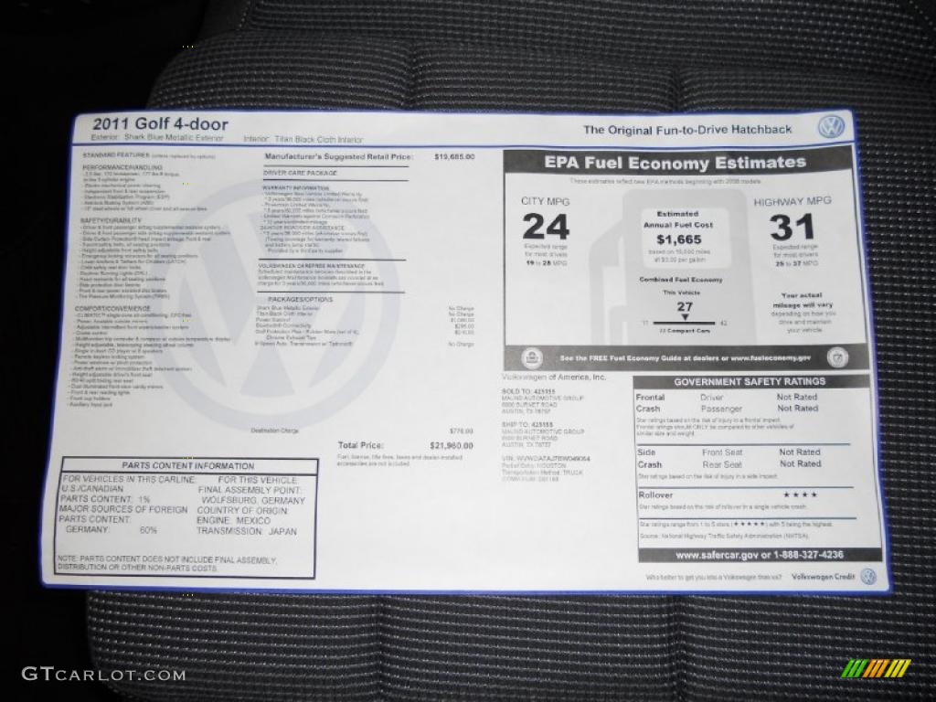 2011 Volkswagen Golf 4 Door Window Sticker Photo #45941211
