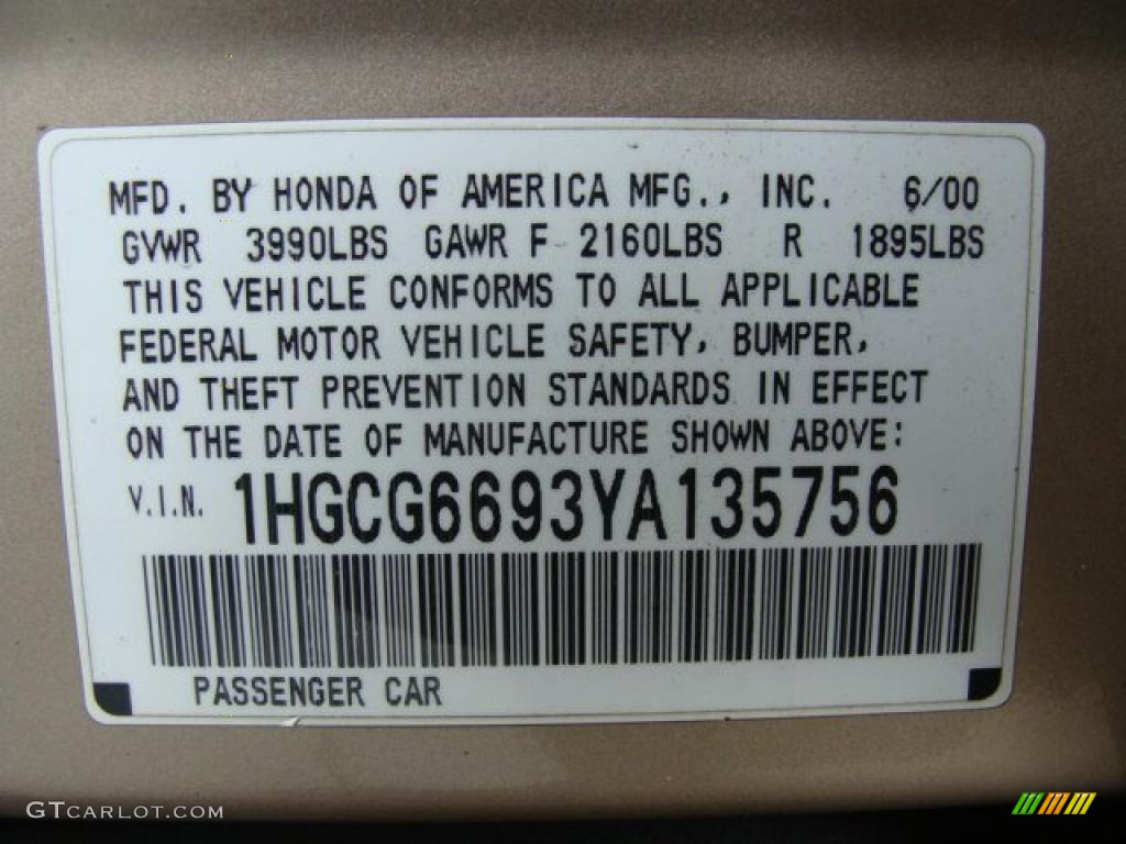 2000 Honda Accord SE Sedan Info Tag Photo #45941892