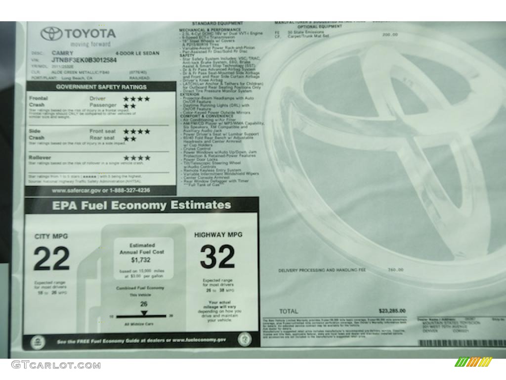 2011 Toyota Camry LE Window Sticker Photo #45945381