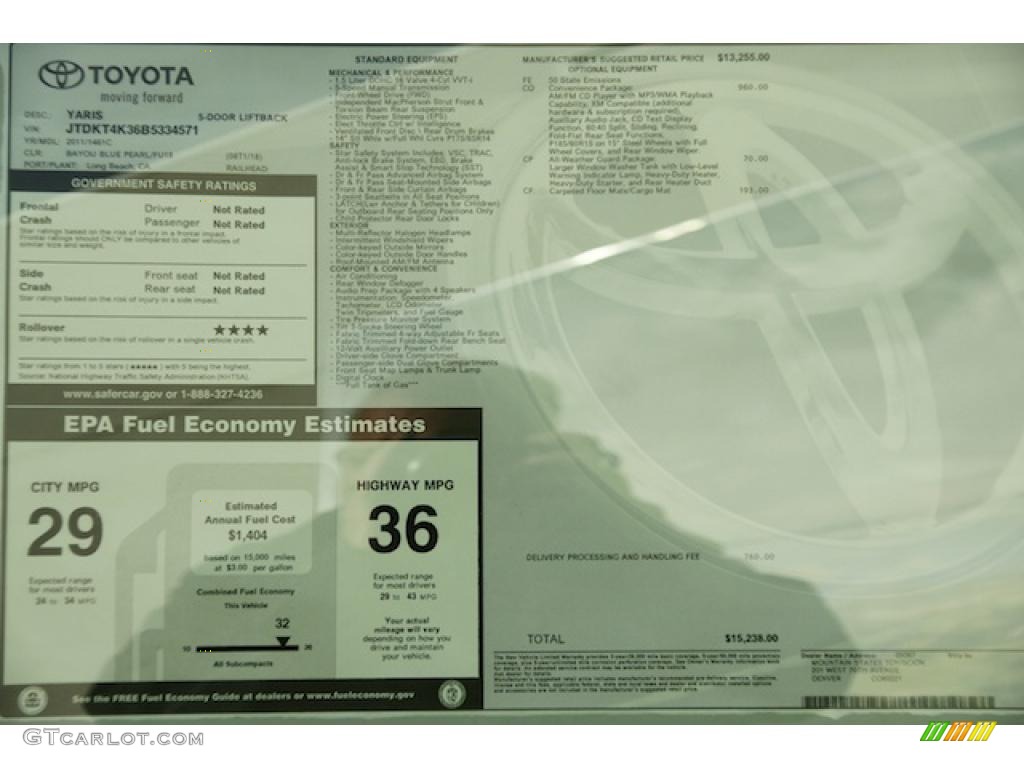 2011 Toyota Yaris 5 Door Liftback Window Sticker Photo #45946173