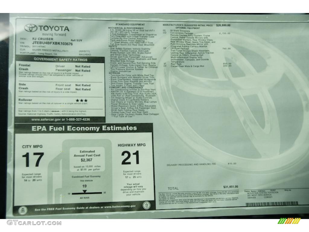 2011 Toyota FJ Cruiser 4WD Window Sticker Photo #45946284