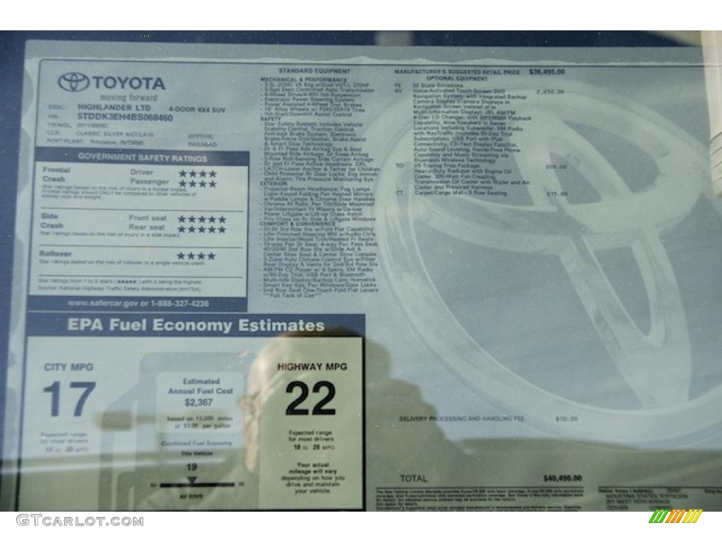 2011 Toyota Highlander Limited 4WD Window Sticker Photo #45946620