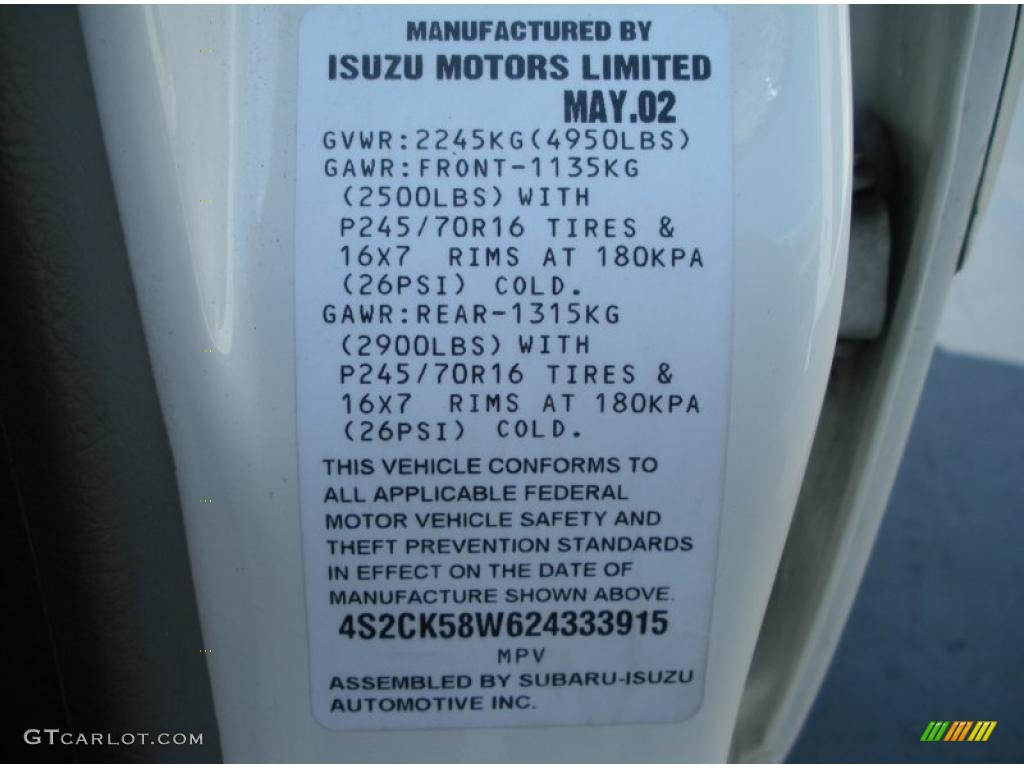 2002 Isuzu Rodeo LS Info Tag Photo #45950454