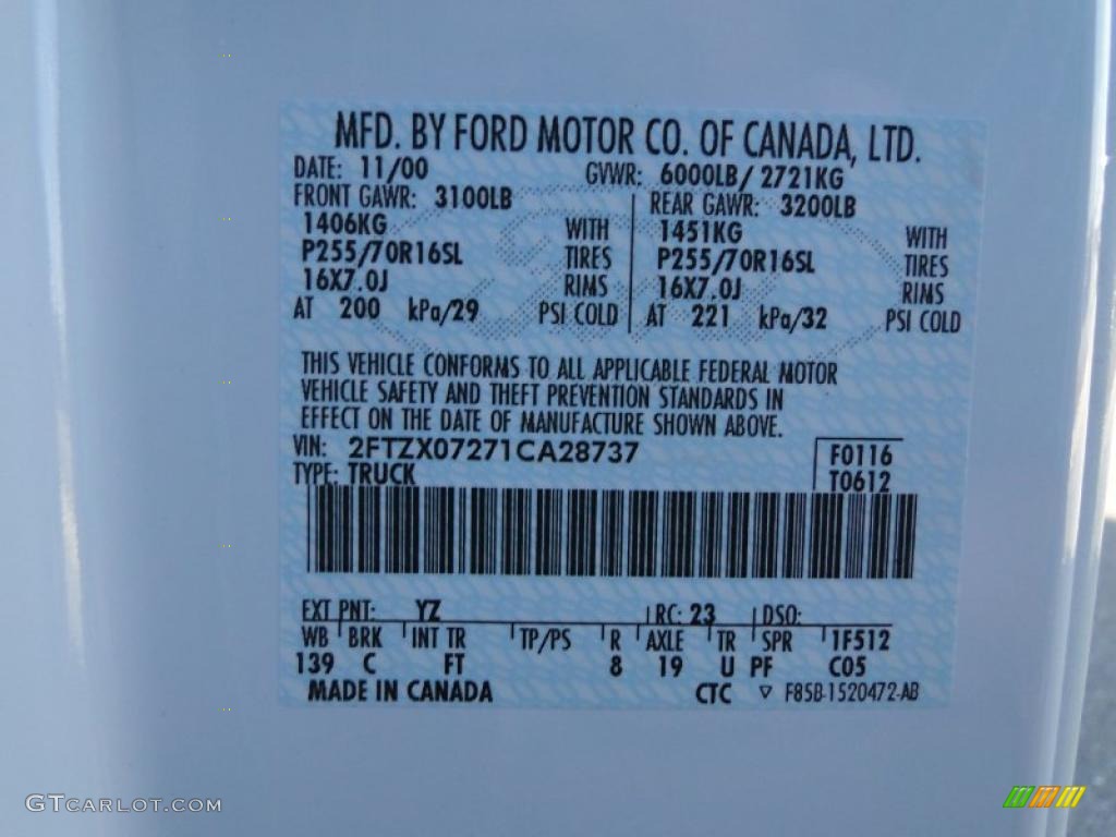2001 F150 Color Code YZ for Oxford White Photo #45987680
