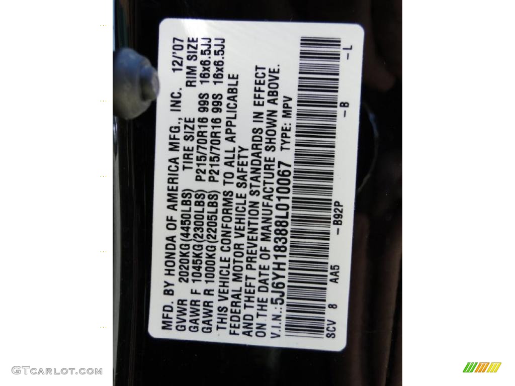 2008 Element Color Code B92P for Nighthawk Black Pearl Photo #45988118