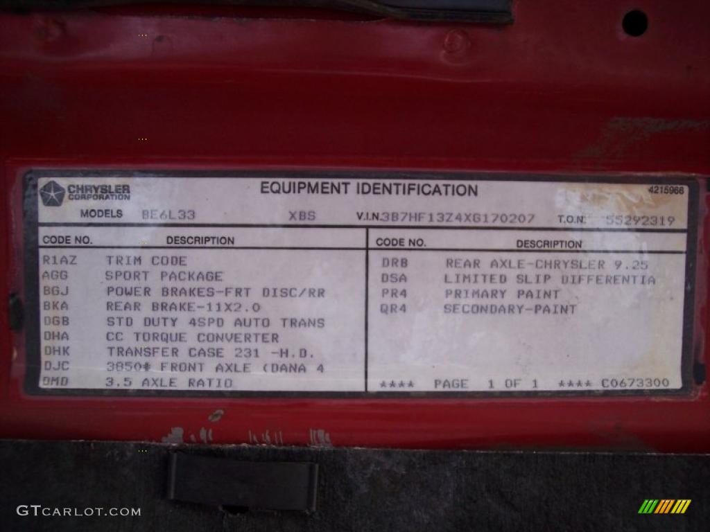 1999 Dodge Ram 1500 Sport Extended Cab 4x4 Info Tag Photo #46010363
