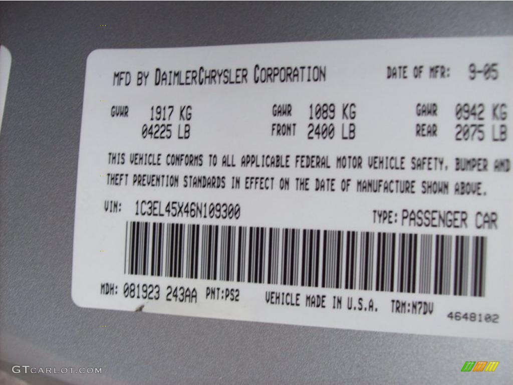 2006 Chrysler Sebring Convertible Color Code Photos