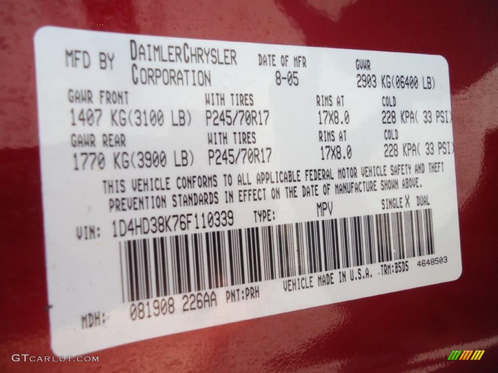 2006 Durango Color Code PRH for Inferno Red Crystal Pearl Photo #46037151