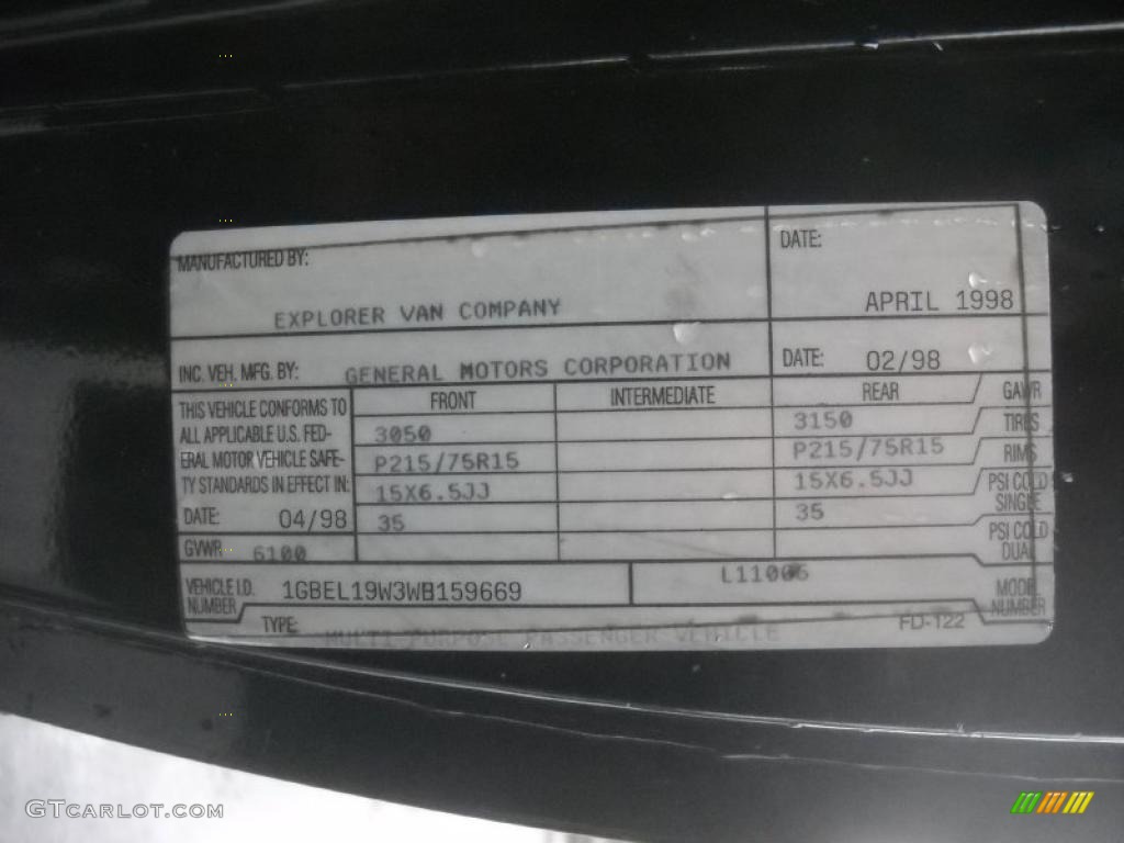 1998 Chevrolet Astro AWD Passenger Van Info Tag Photos