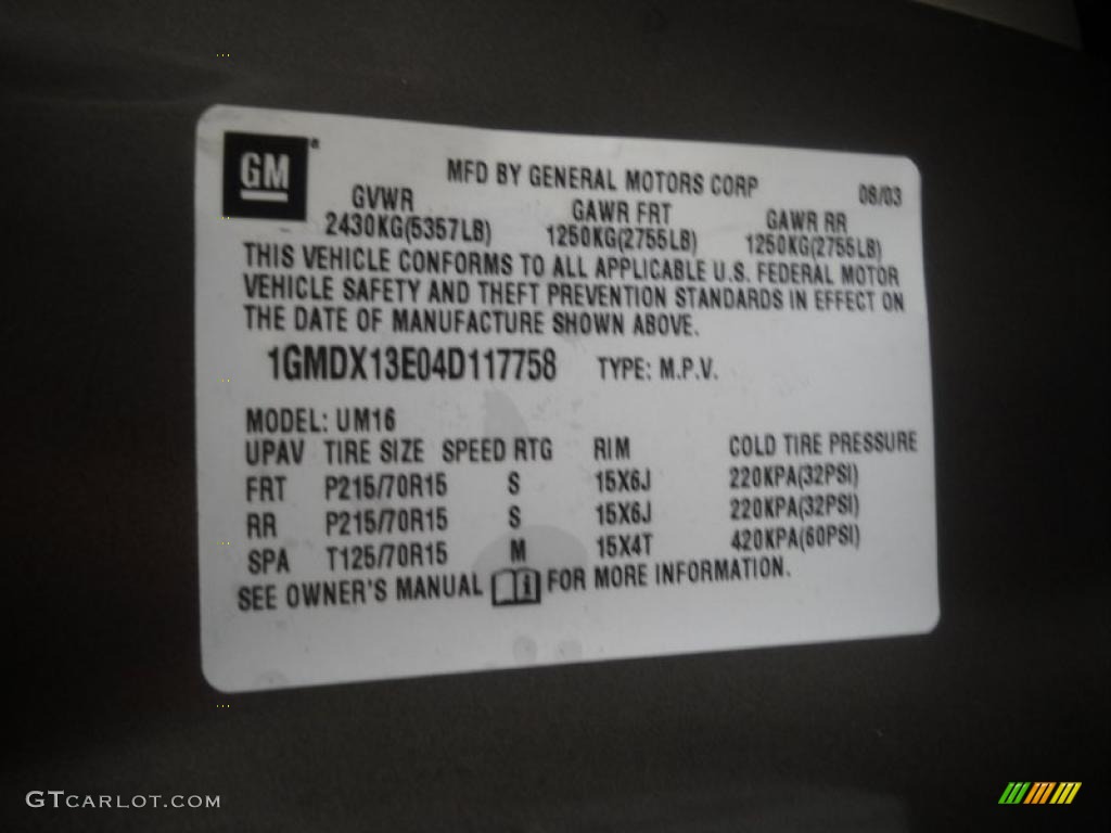 2004 Pontiac Montana Standard Montana Model Info Tag Photos