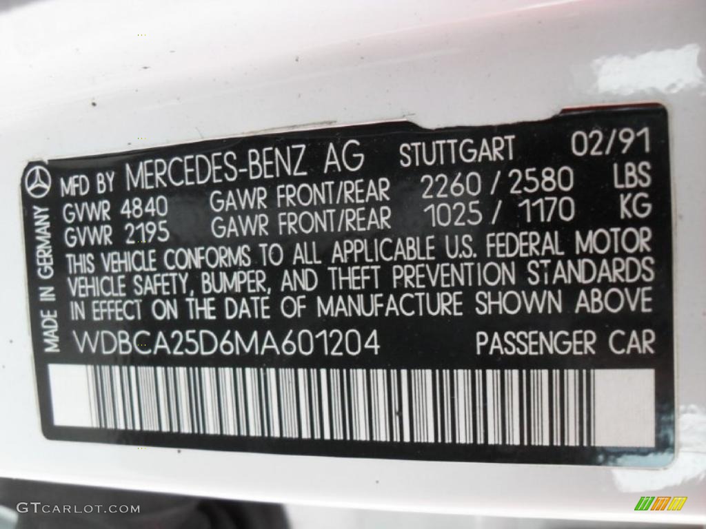 1991 Mercedes-Benz S Class 300 SEL Info Tag Photo #46062450