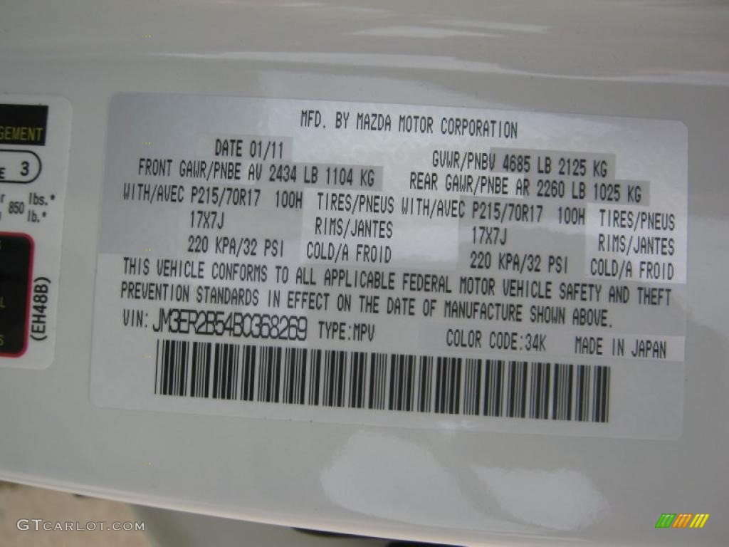 2011 CX-7 Color Code 34K for Crystal White Pearl Mica Photo #46097102