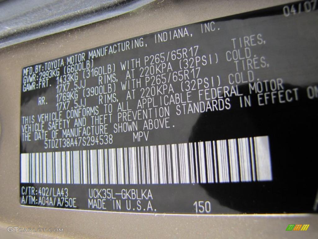 2007 Toyota Sequoia Limited Color Code Photos