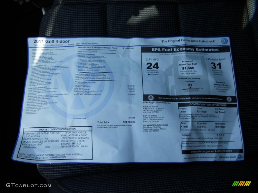 2011 Volkswagen Golf 4 Door Window Sticker Photo #46130857